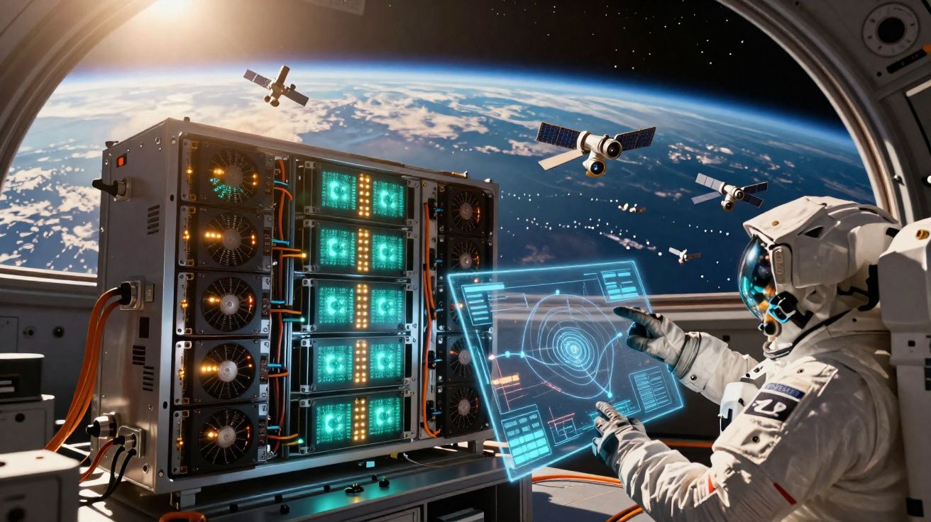 Astronauta operando painel digital em estação espacial com vista da Terra e satélites ao fundo.