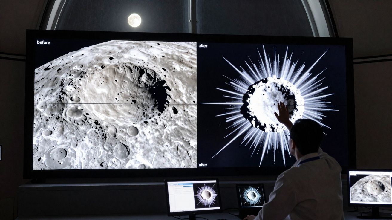Pessoa em frente a tela gigante mostrando imagem da lua antes e depois de uma simulação de impacto.