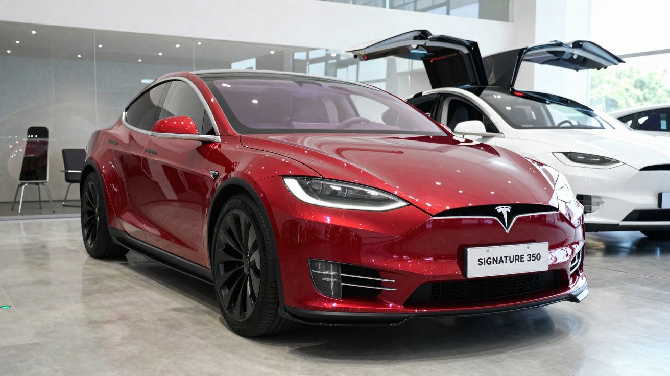 Carro Tesla Model S vermelho com rodas pretas estacionado em showroom com outro Tesla branco ao fundo.