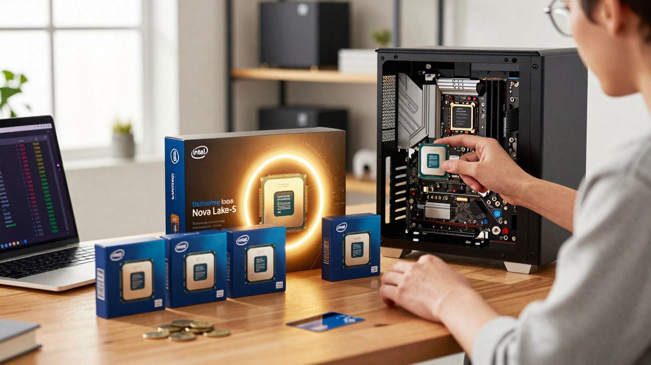 Pessoa instalando processador Intel em computador, com caixas de processadores Intel sobre mesa de madeira.