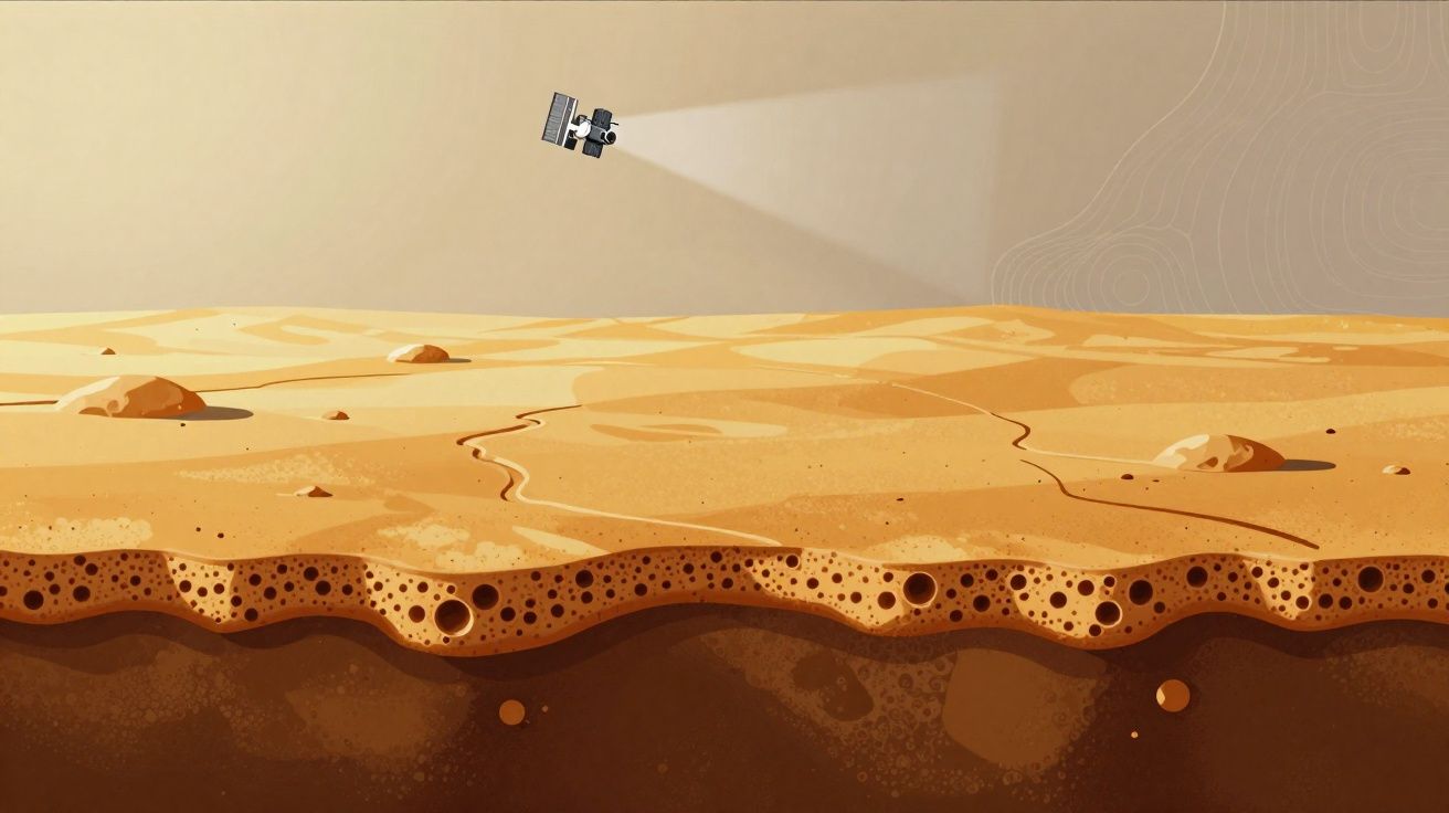 Ilustração de um satélite explorando a superfície e o interior de um planeta árido e rochoso.