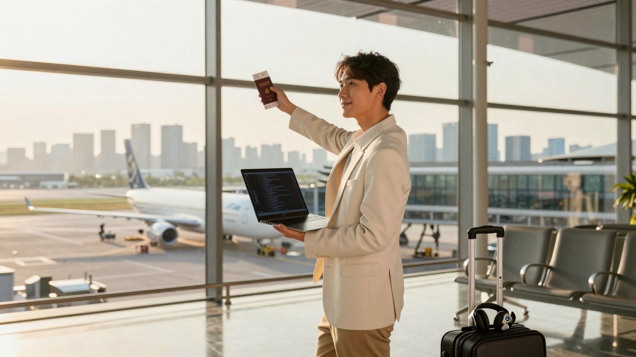 Pessoa segurando passaporte e laptop no saguão do aeroporto, com avião e cidade ao fundo.