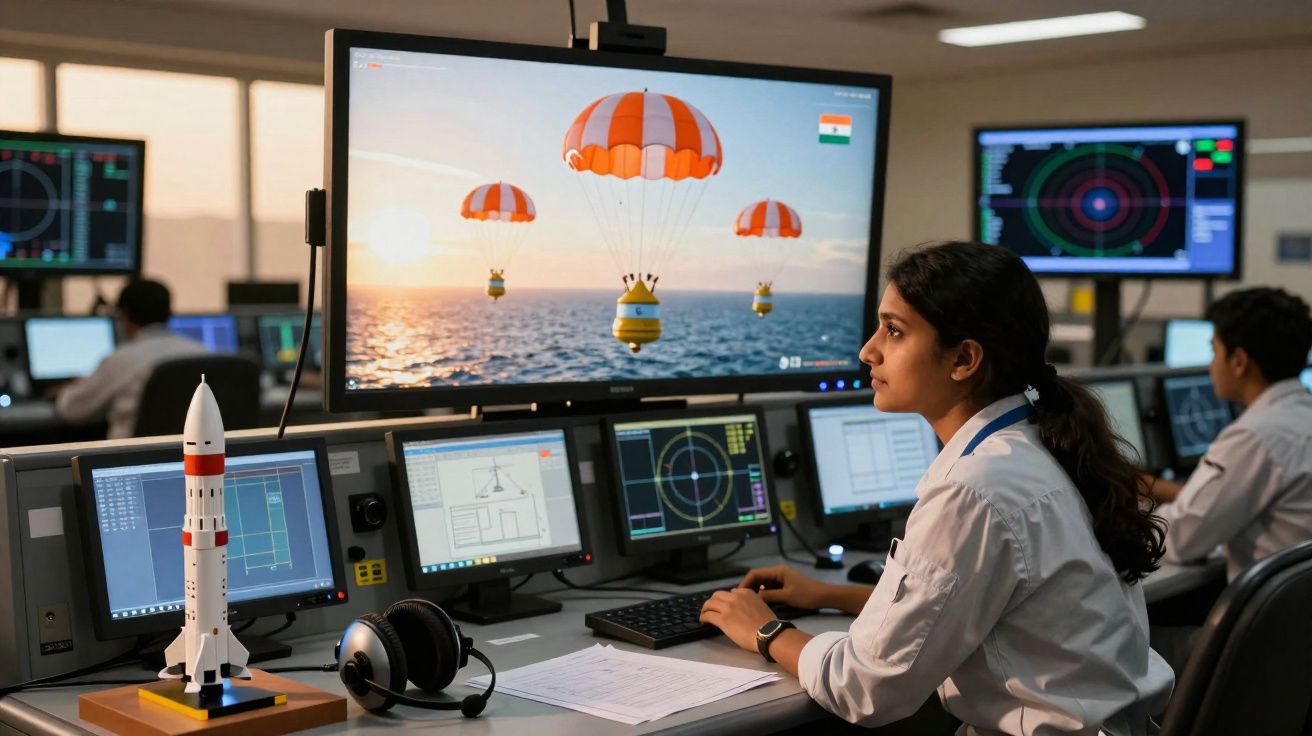 Mulher trabalhando em centro de controle de lançamento de foguete, monitorando imagens e dados técnicos.