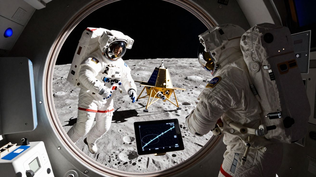 Dois astronautas na superfície lunar, com módulo lunar ao fundo, vistos da janela de uma nave espacial.