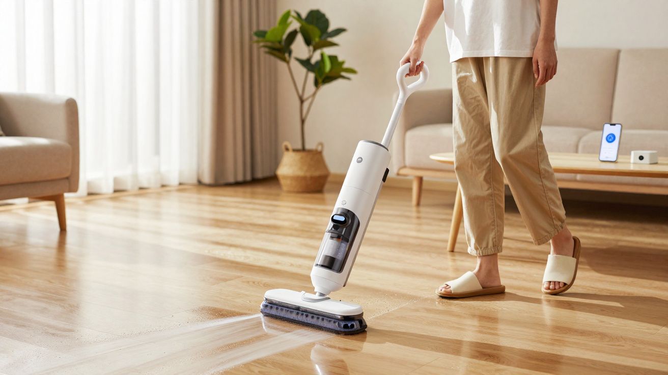 Pessoa limpando piso de madeira com esfregão elétrico branco em sala iluminada e moderna.