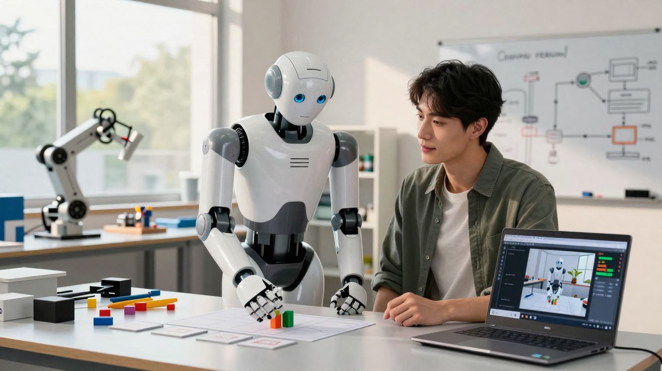 Jovem observa robô humanoide manipulando blocos coloridos em mesa de laboratório tecnológico.