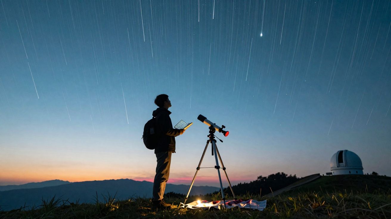 Pessoa observando o céu estrelado com telescópio em área montanhosa ao entardecer.