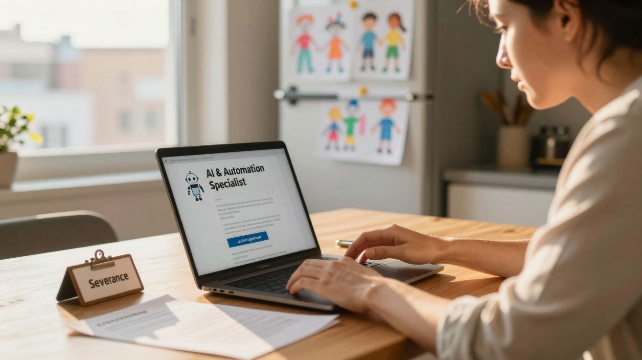 Pessoa trabalhando em laptop com vaga para especialista em IA e automação aberta em site de emprego.