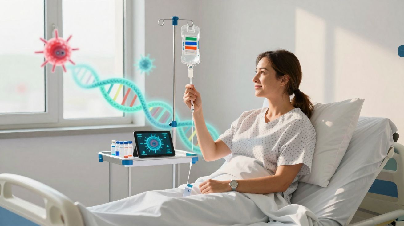 Mulher em hospital segura bolsa de soro, com representação gráfica de vírus e DNA ao fundo.