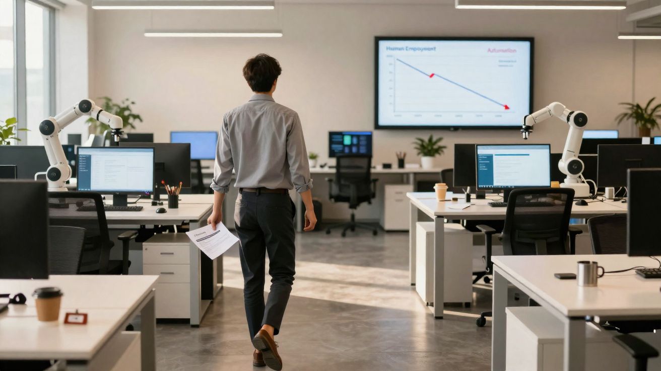 Homem caminhando em escritório moderno com computadores e braços robóticos ao redor, olhando para tela na parede.