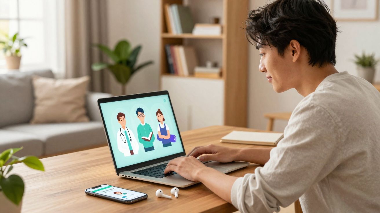 Jovem usando laptop para teleconsulta médica com profissionais da saúde, ao lado de celular e fones de ouvido.