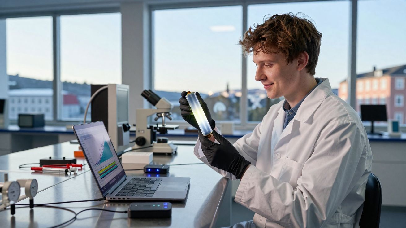 Cientista olha para célula vegetal em laboratório moderno com laptop e microscópio ao fundo.