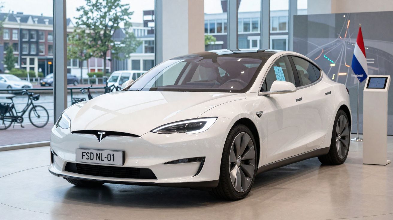 Carro elétrico Tesla branco estacionado em ambiente interno com fachada de vidro ao fundo.