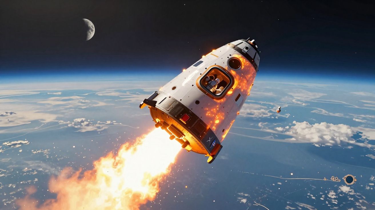 Nave espacial em órbita da Terra com chamas saindo do propulsor e a Lua ao fundo.