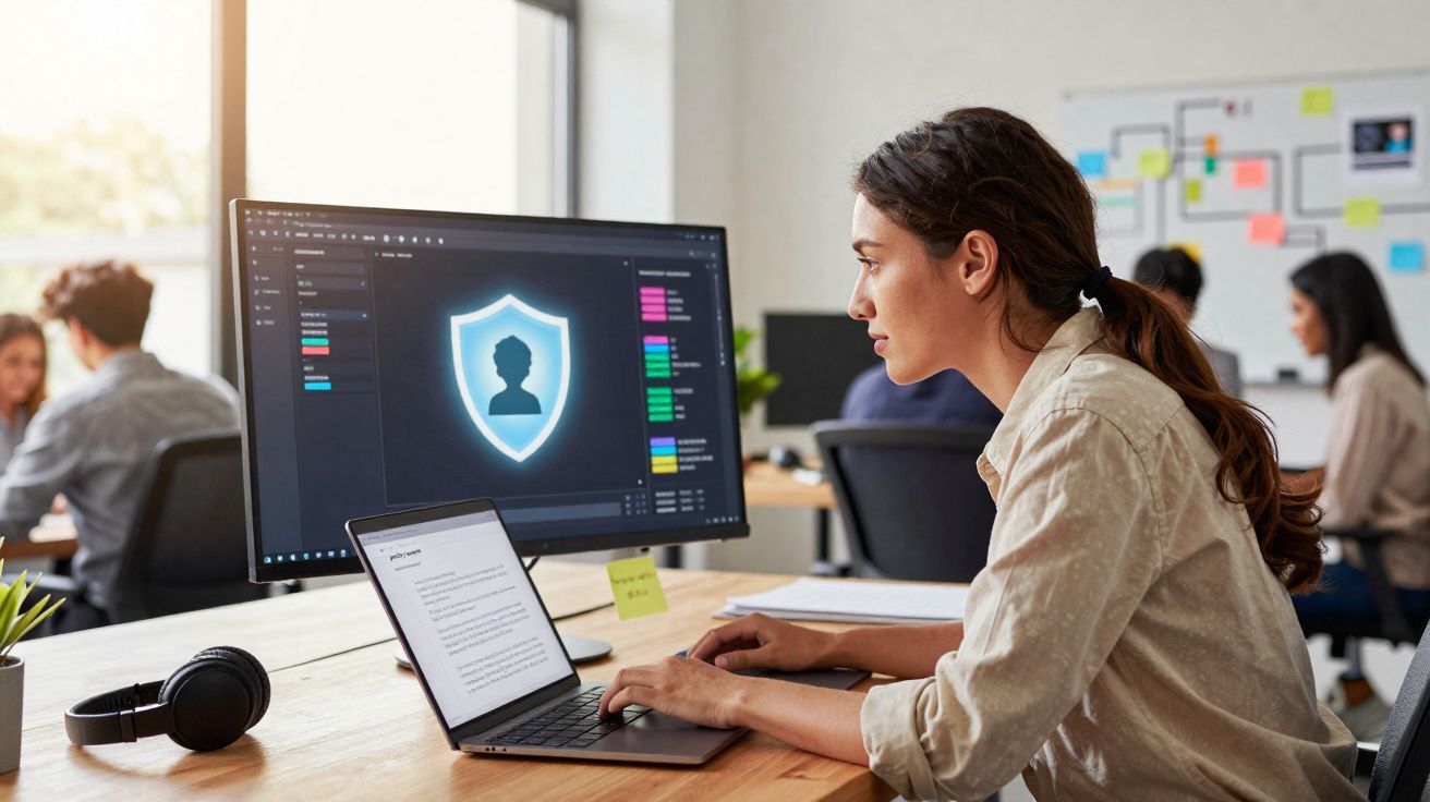 Mulher trabalhando em escritório com tela mostrando símbolo de segurança digital e escudo azul.