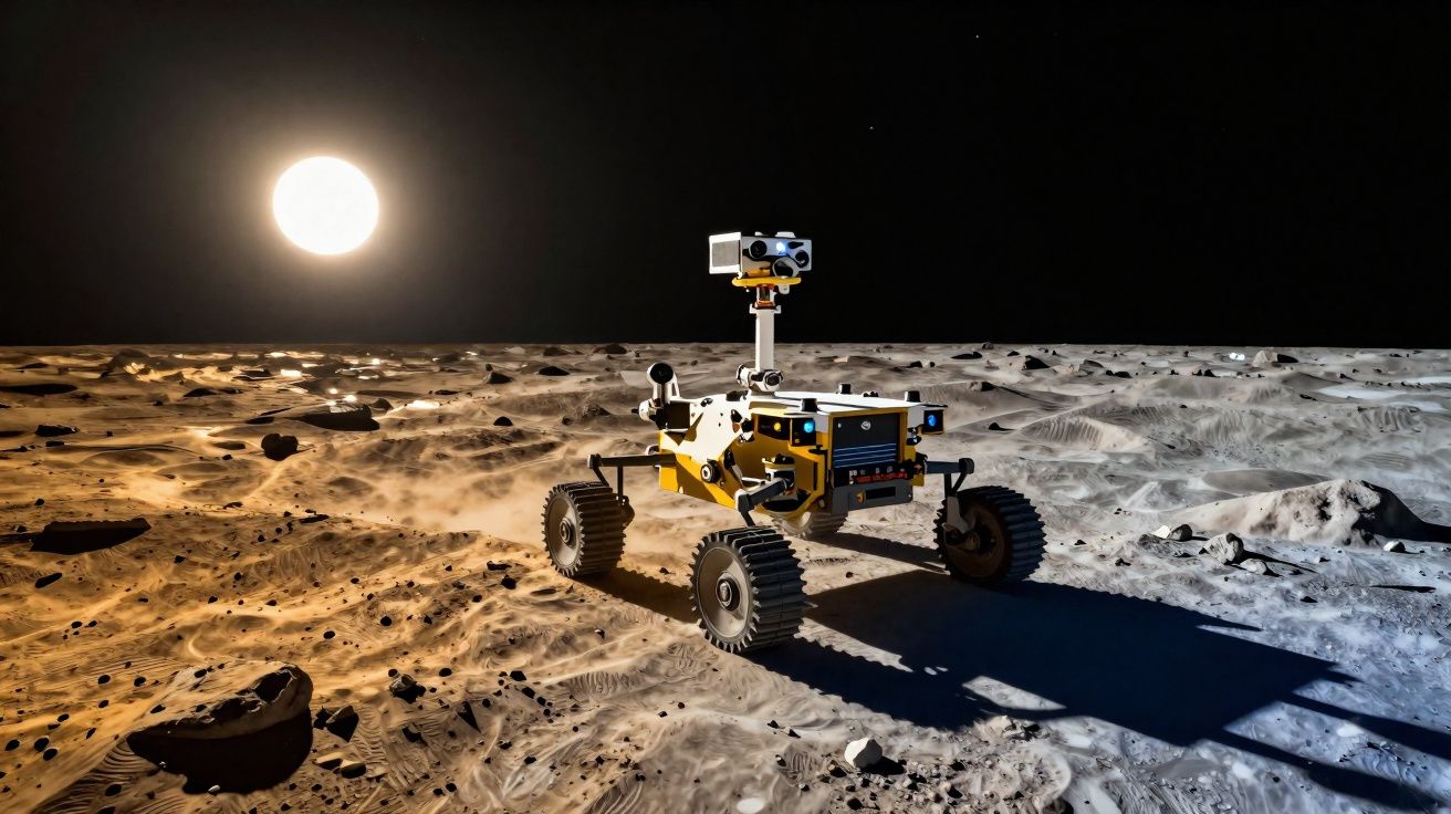 Rover exploratório movimentando-se por terreno lunar acidentado com o Sol brilhando ao fundo.