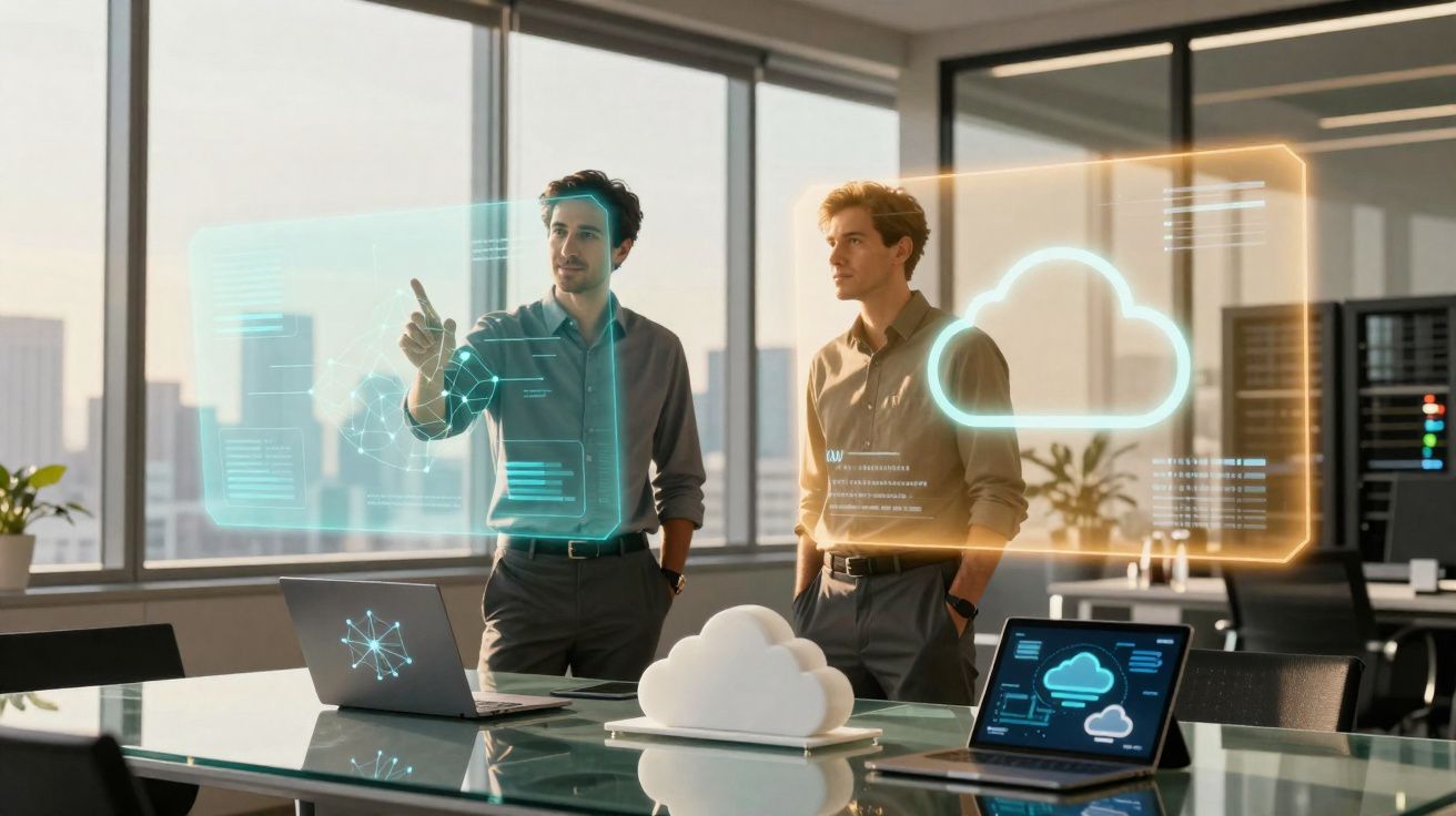 Dois homens discutem tecnologia de nuvem virtual em escritório moderno com laptops e hologramas digitais.