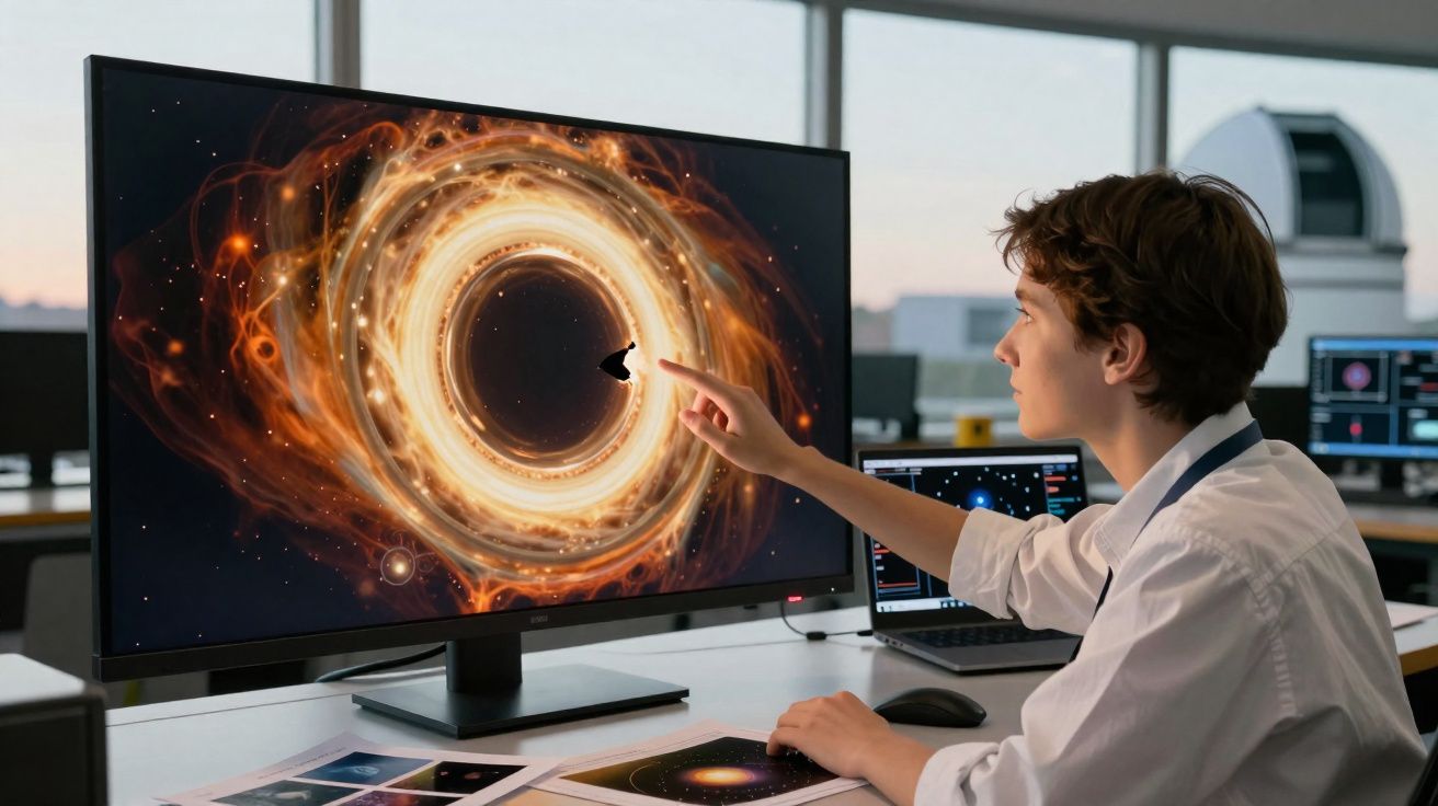 Jovem cientista analisa no computador imagem digital de buraco negro em laboratório moderno.