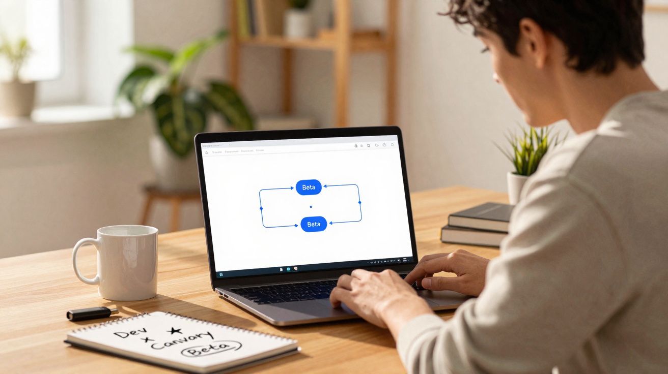 Pessoa digitando em laptop com diagrama e bloco de notas escrito Dex x Canary Beta numa mesa com caneca branca.