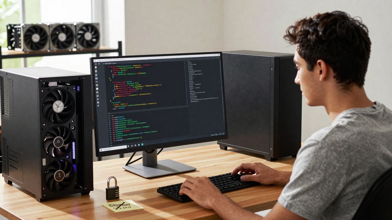 Jovem programador mexe em teclado diante de monitor com código aberto em escritório moderno.