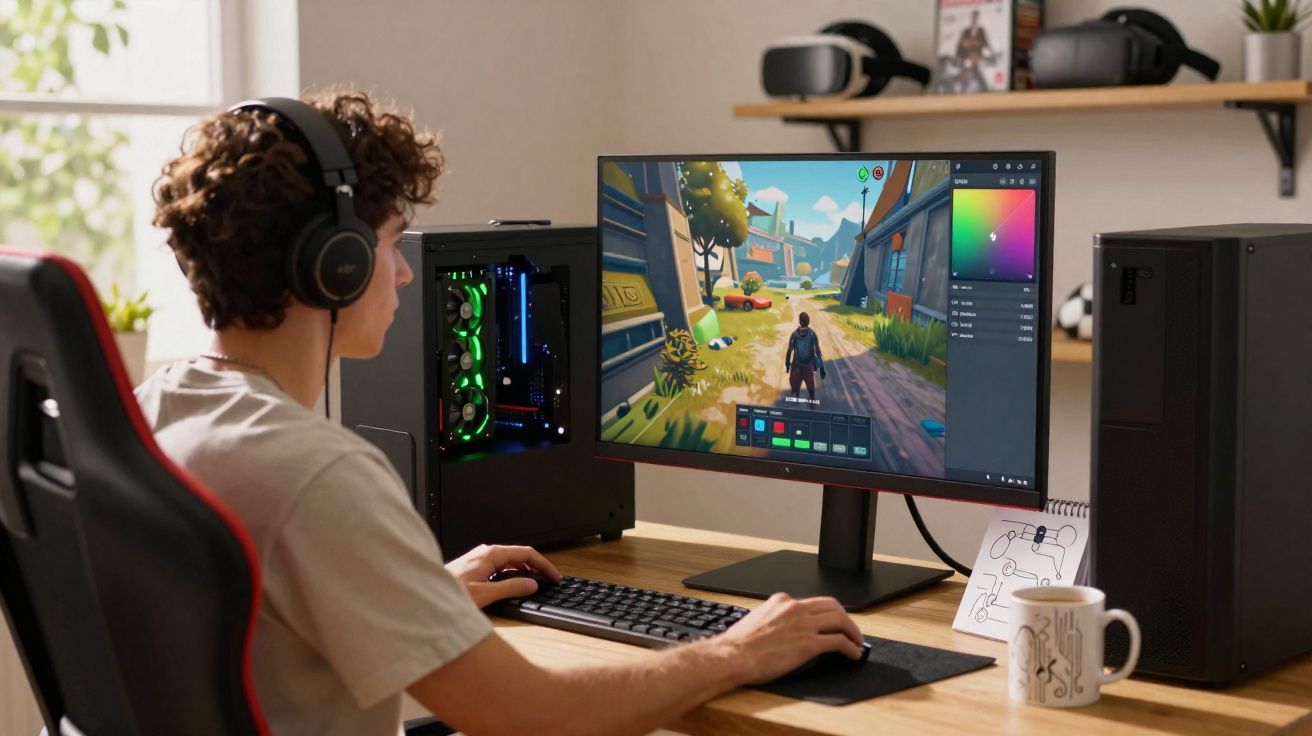 Jovem com fones usa computador para editar game em monitor grande em ambiente claro e organizado.