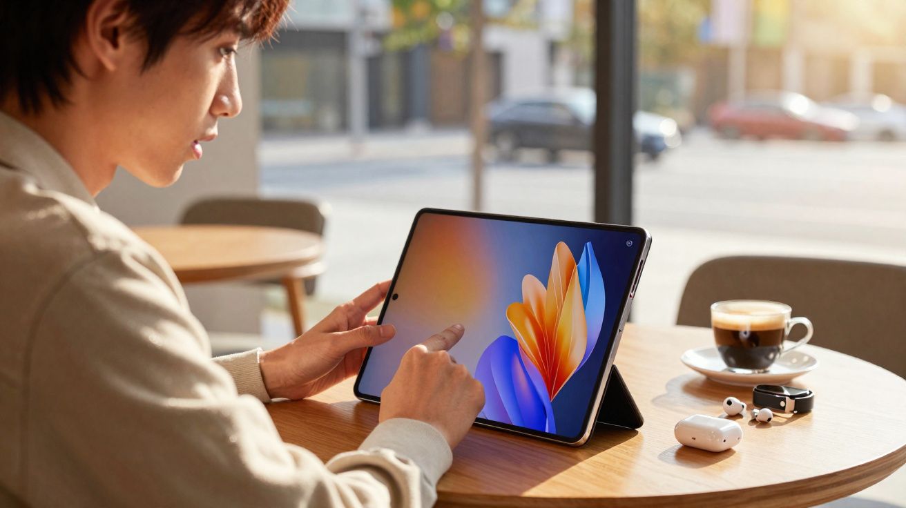 Pessoa usando tablet com tela colorida em mesa de café com xícara de café, fones e relógio inteligente.
