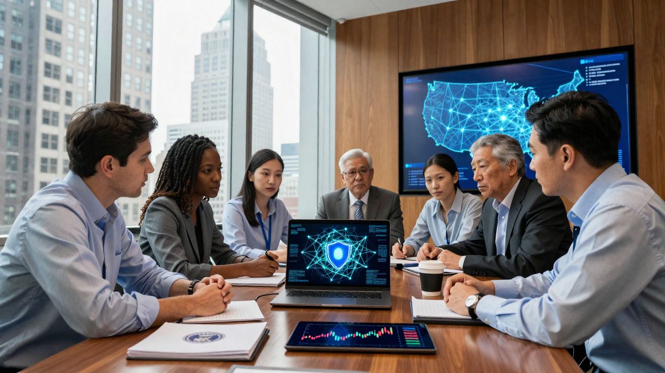 Equipe multicultural discutindo estratégias de segurança cibernética em reunião com gráficos digitais na tela.