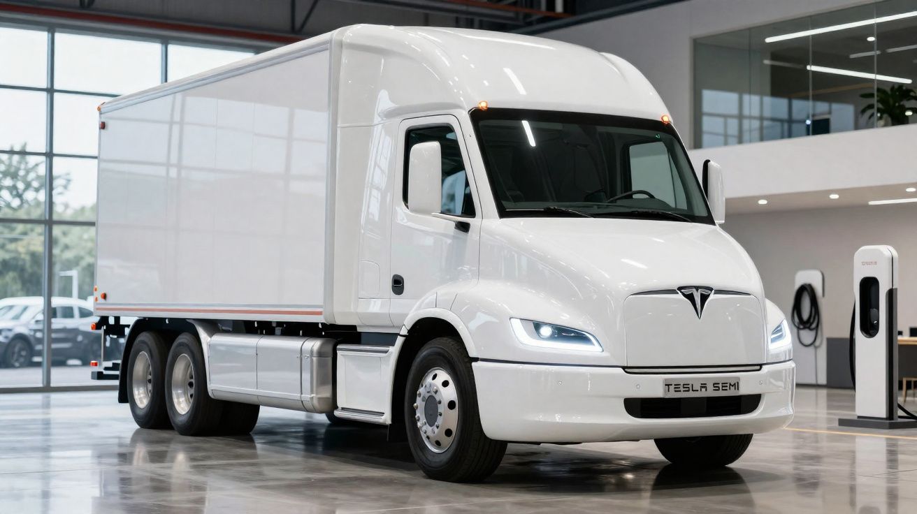 Caminhão elétrico Tesla Semi branco estacionado em ambiente interno moderno e iluminado.