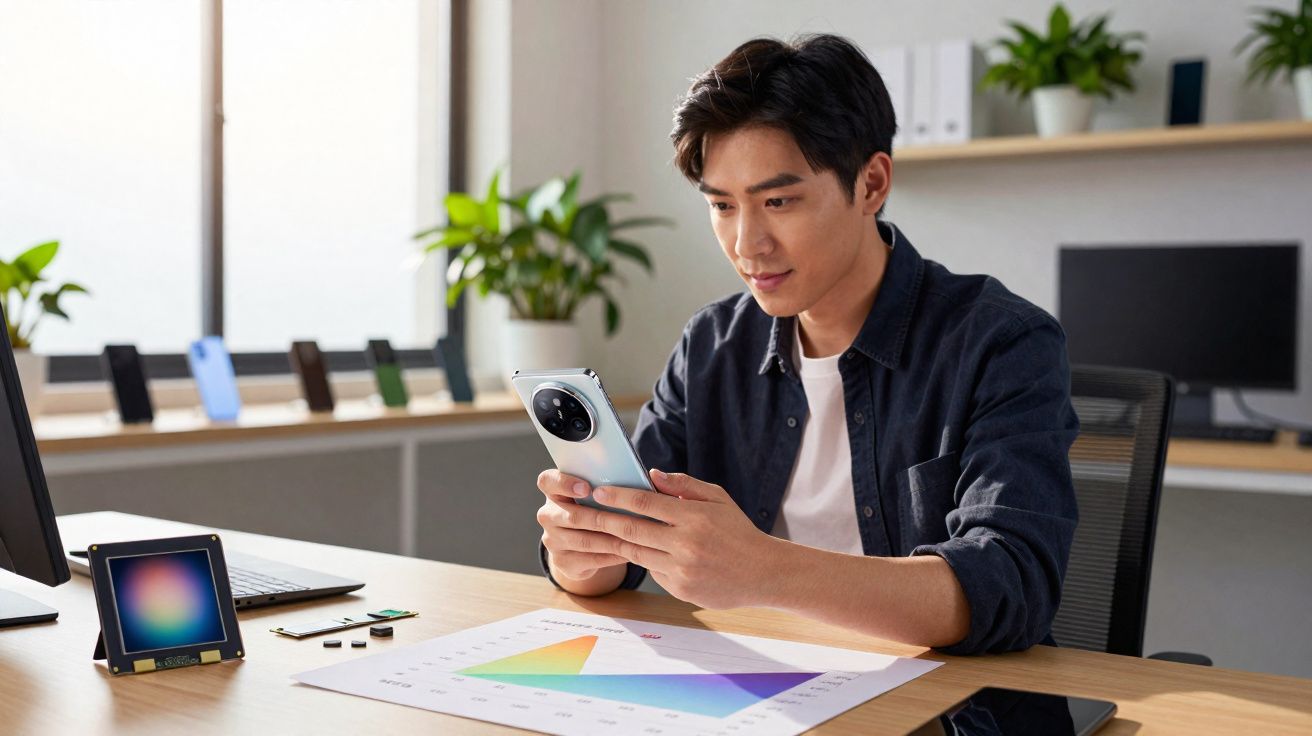 Homem jovem mexendo em smartphone branco sentado à mesa com gráfico colorido em ambiente de escritório moderno.