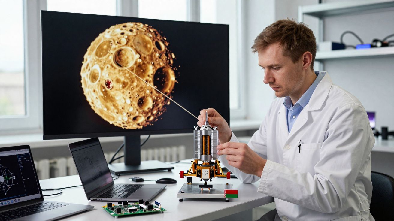 Cientista ajusta modelo de módulo lunar em laboratório com imagem da lua ao fundo.