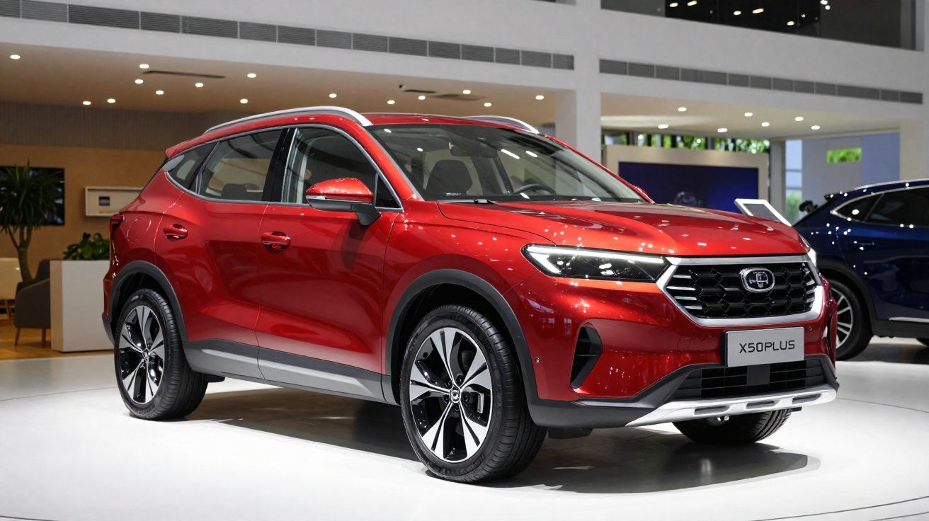 SUV vermelho moderno em exposição, modelo X50 Plus, com design aerodinâmico e rodas esportivas.