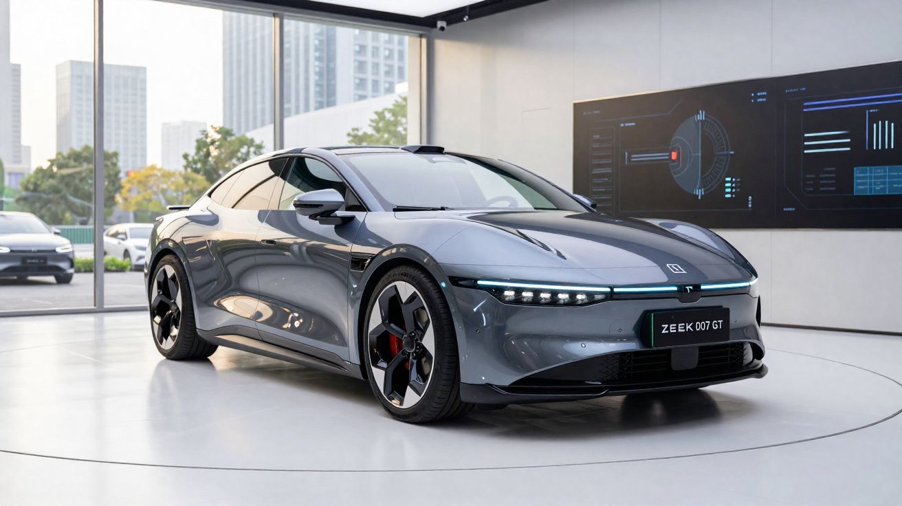 Carro elétrico cinza Zeekr 007 GT em showroom moderno com janelas amplas e painéis digitais.