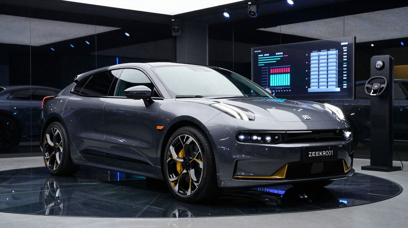 Carro elétrico cinza Zeekr 001 em exposição moderna com suporte de carregamento ao fundo.