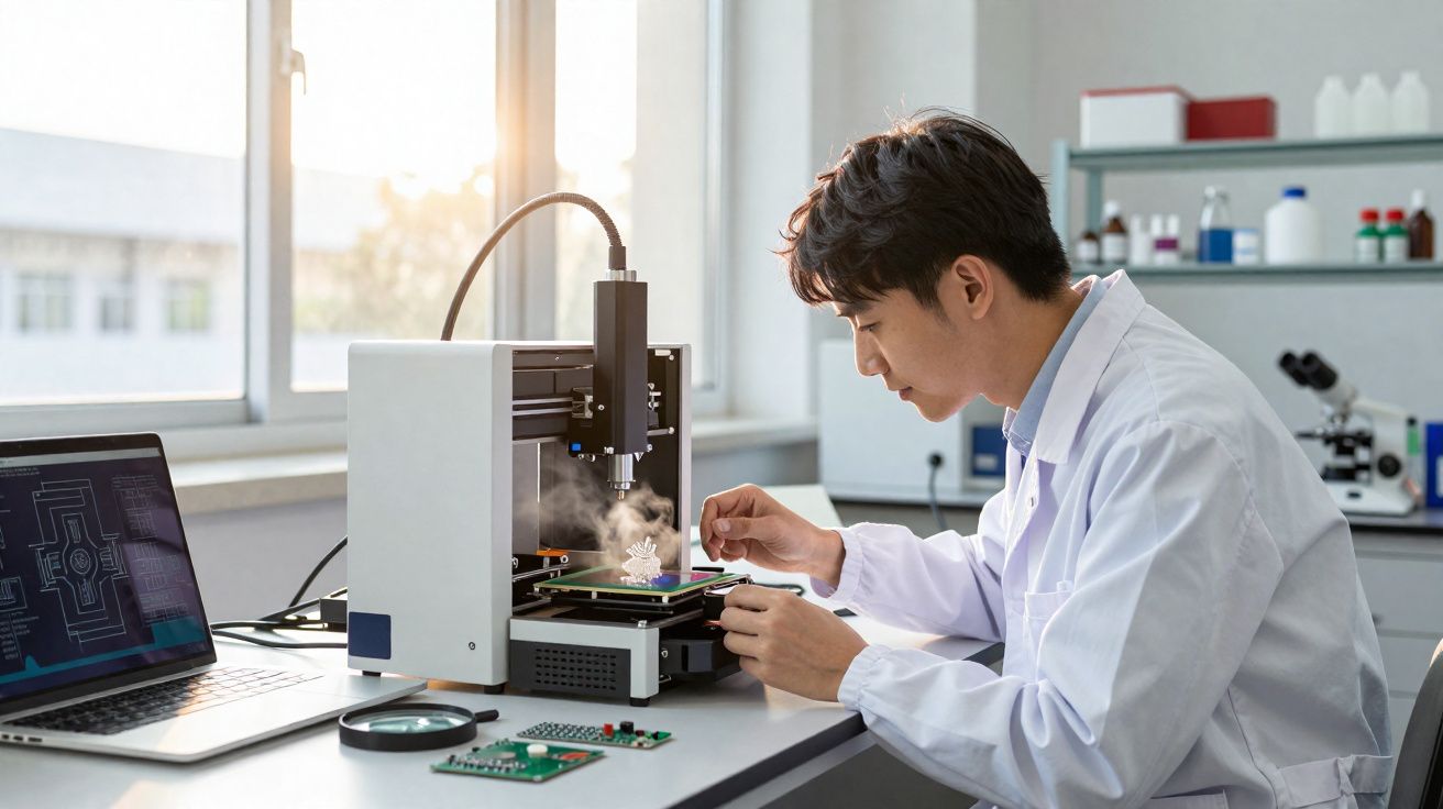 Homem em jaleco operando impressora 3D para criar peça mecânica em laboratório tecnológico.