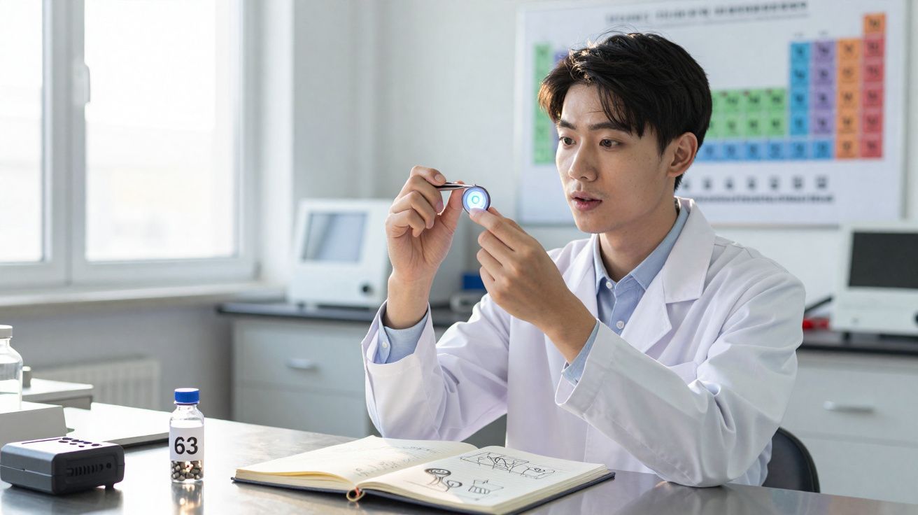 Cientista em laboratório analisando lente ou equipamento óptico com tabela periódica ao fundo.