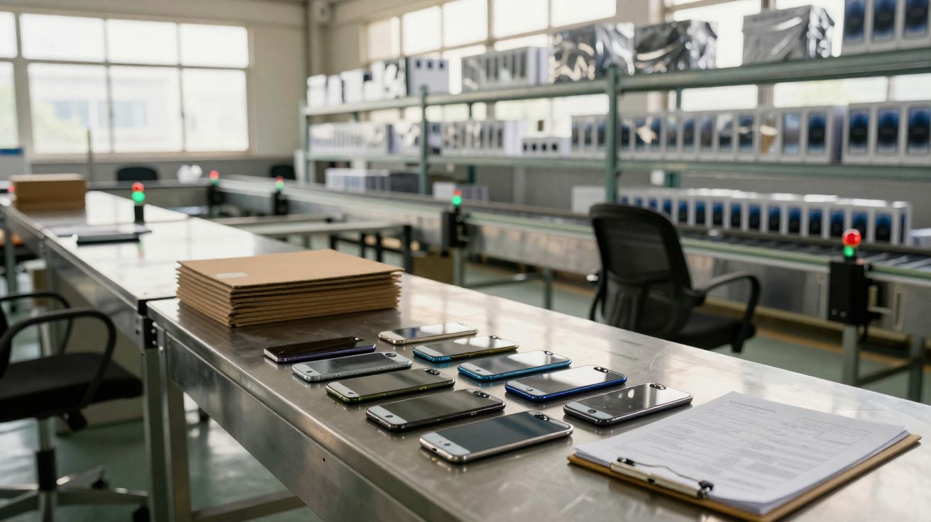 Mesa com diversos celulares organizados em fila, envelopes e prancheta em ambiente de fábrica ou laboratório.