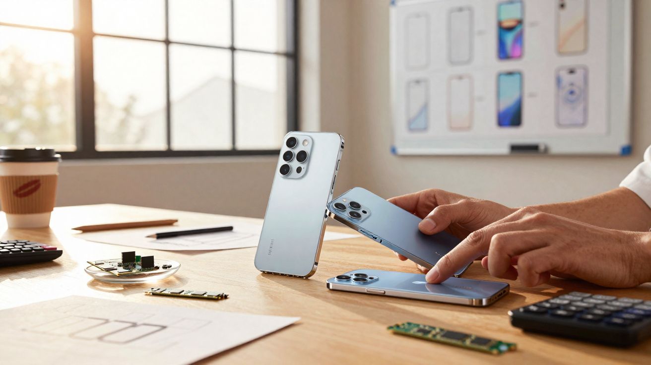 Mesa com três smartphones modernos, peças de hardware, papéis com esquemas e mãos manipulando os aparelhos.