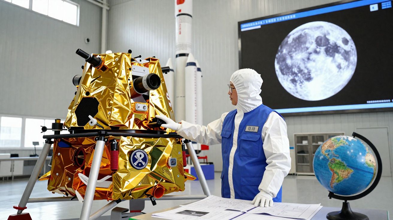 Pesquisador em roupas de laboratório examina módulo lunar dourado com globo terrestre e imagem da lua ao fundo.