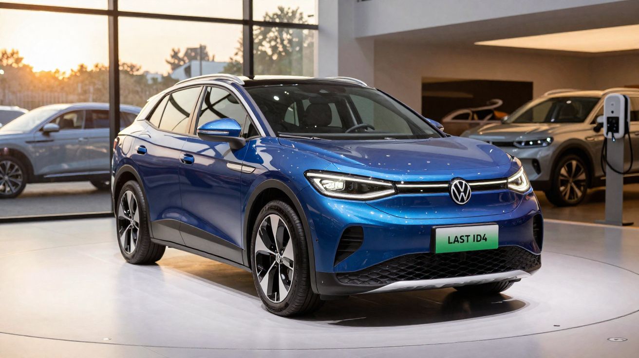Carro elétrico azul Volkswagen ID.4 em exposição em showroom moderno com iluminação natural ao fundo.