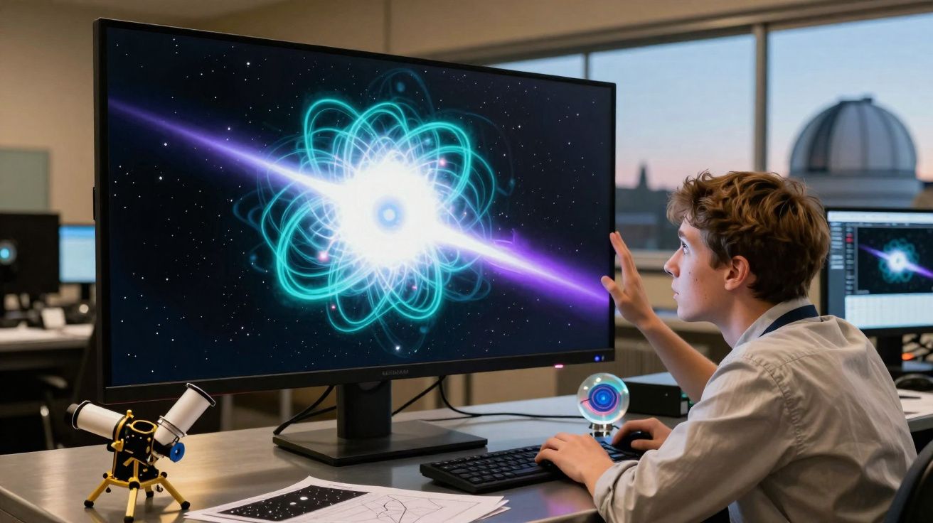Jovem cientista analisa simulação de campo magnético e raio cósmico em monitor de alta resolução.