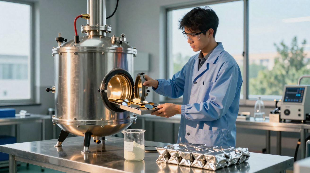 Cientista em jaleco azul trabalhando com equipamento industrial e amostras em laboratório moderno.