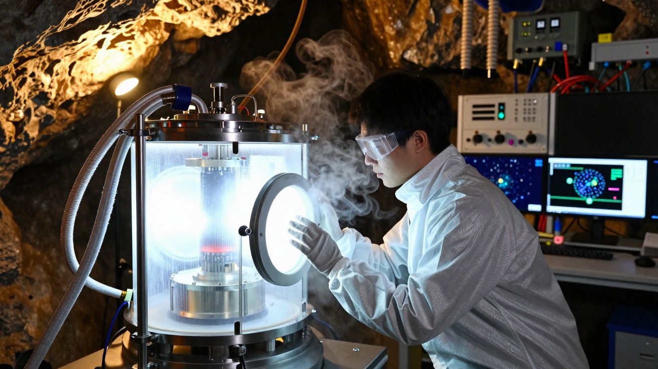 Cientista em jaleco branco trabalha com equipamento tecnológico fumegante em laboratório subterrâneo.