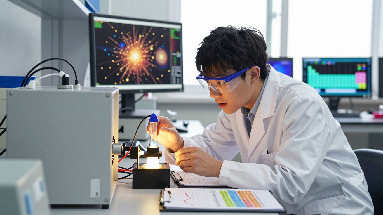 Cientista com jaleco e óculos de proteção ajusta equipamento de laboratório com gráficos em monitores ao fundo.