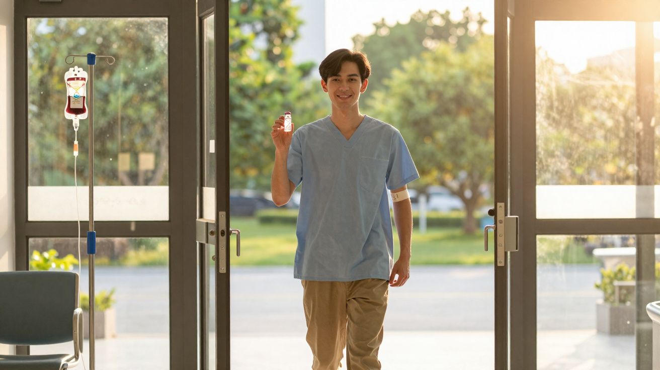 Jovem com camisa azul e curativo no braço segura frasco de sangue ao entrar em sala iluminada.