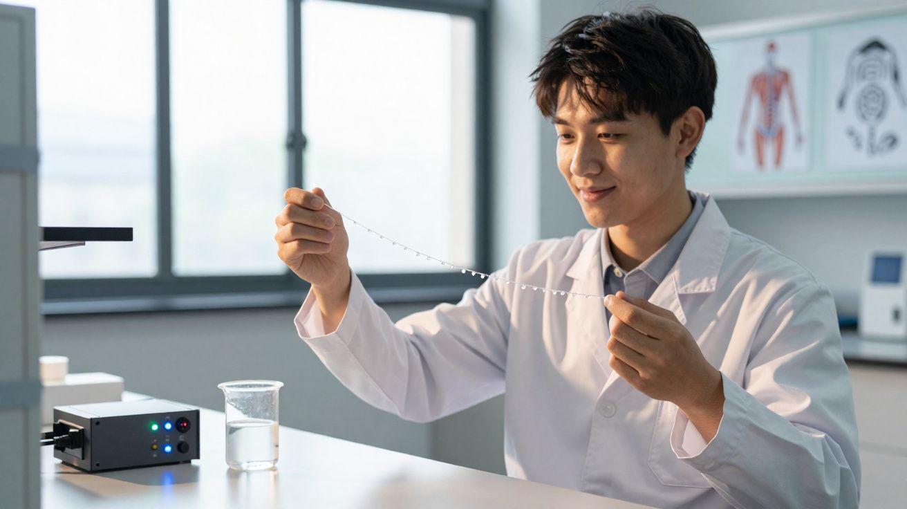 Homem jovem em jaleco branco conduz experimento com gelatina transparente em laboratório iluminado.