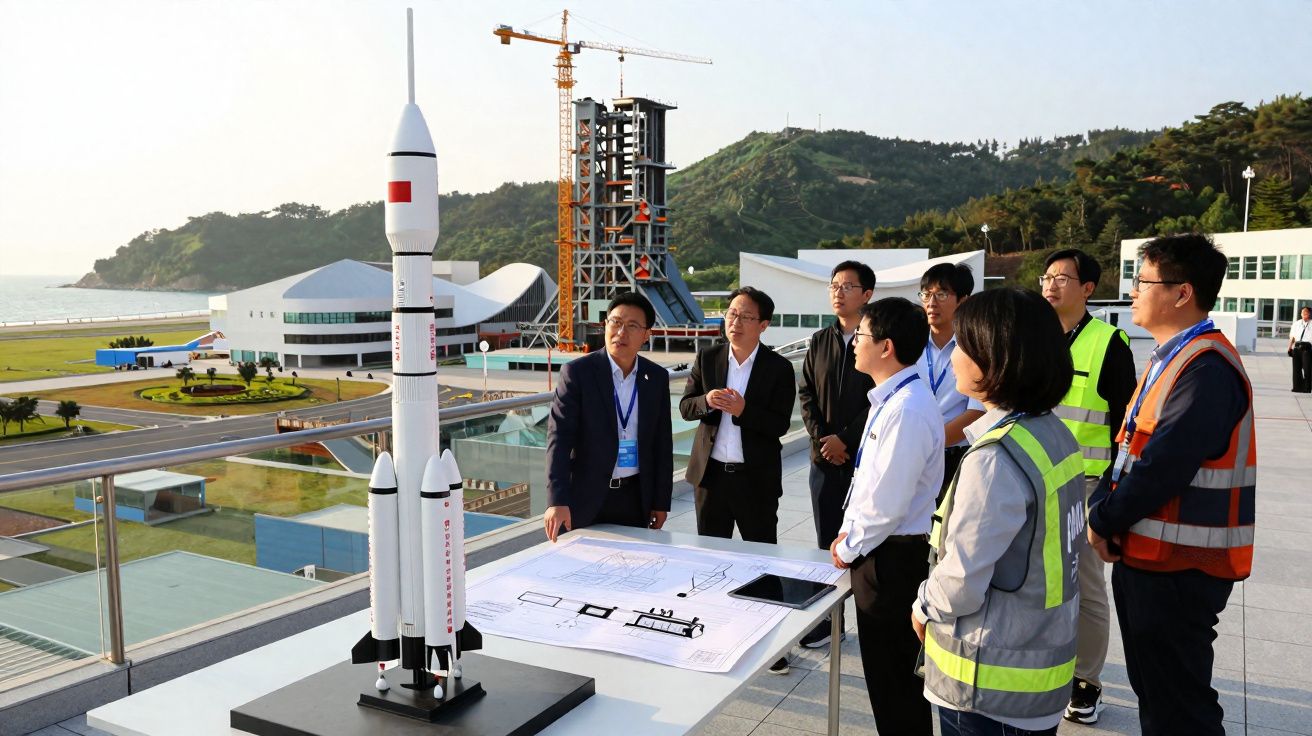Equipe de engenheiros analisa maquete de foguete e plantas em área externa de centro espacial.