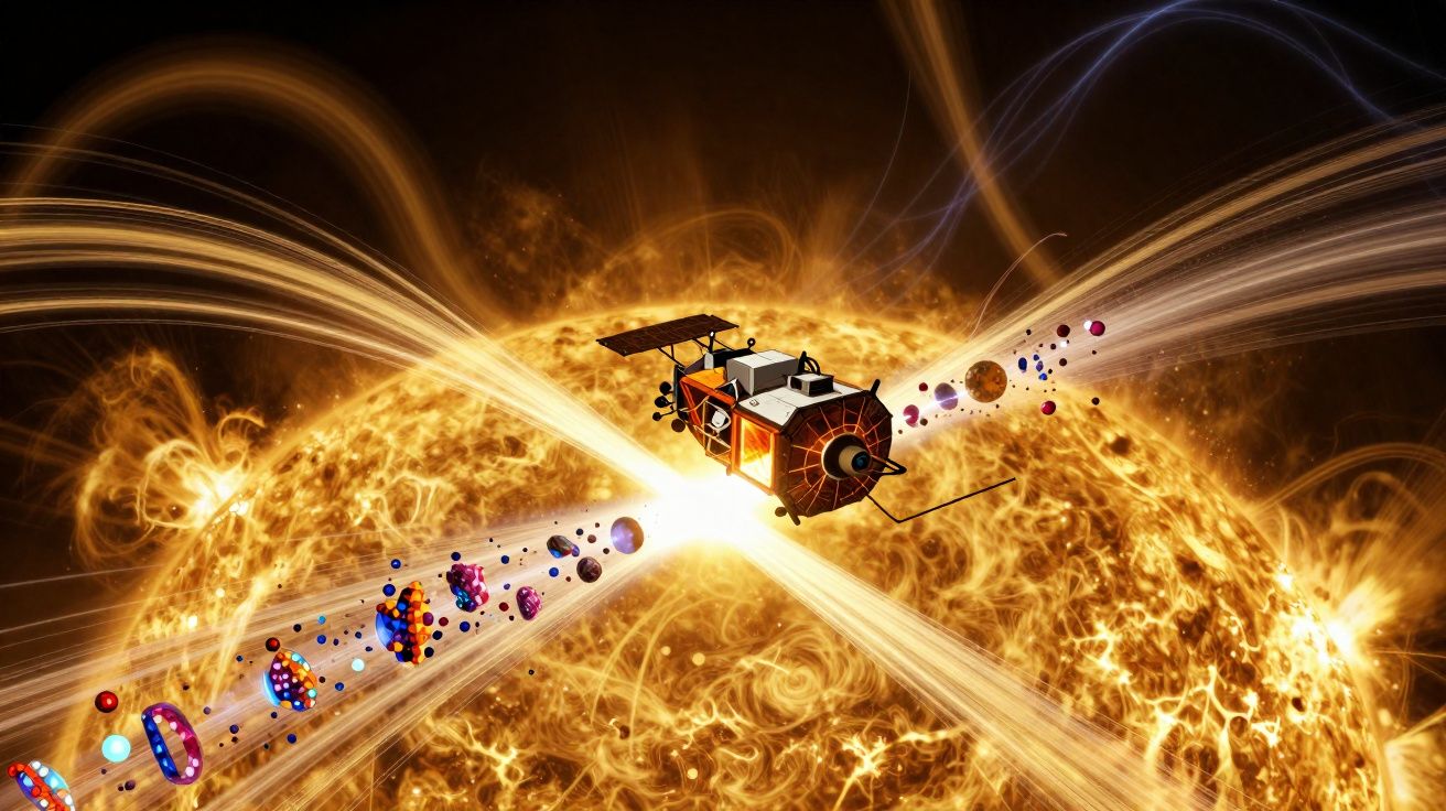 Ilustração de uma sonda espacial orbitando o Sol com partículas solares emanando da estrela brilhante.