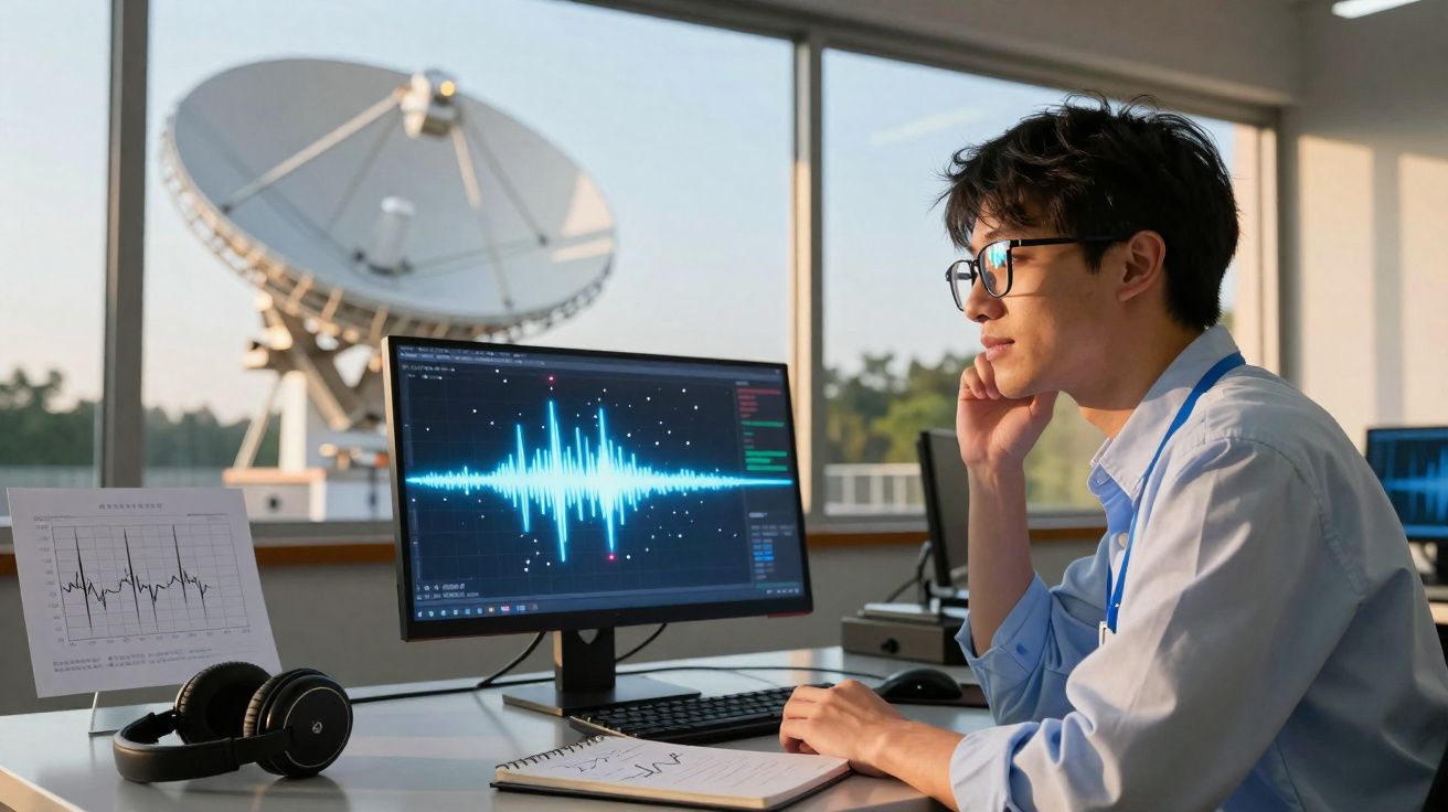 Homem jovem analisando dados de ondas sonoras no computador em escritório com antena parabólica ao fundo.