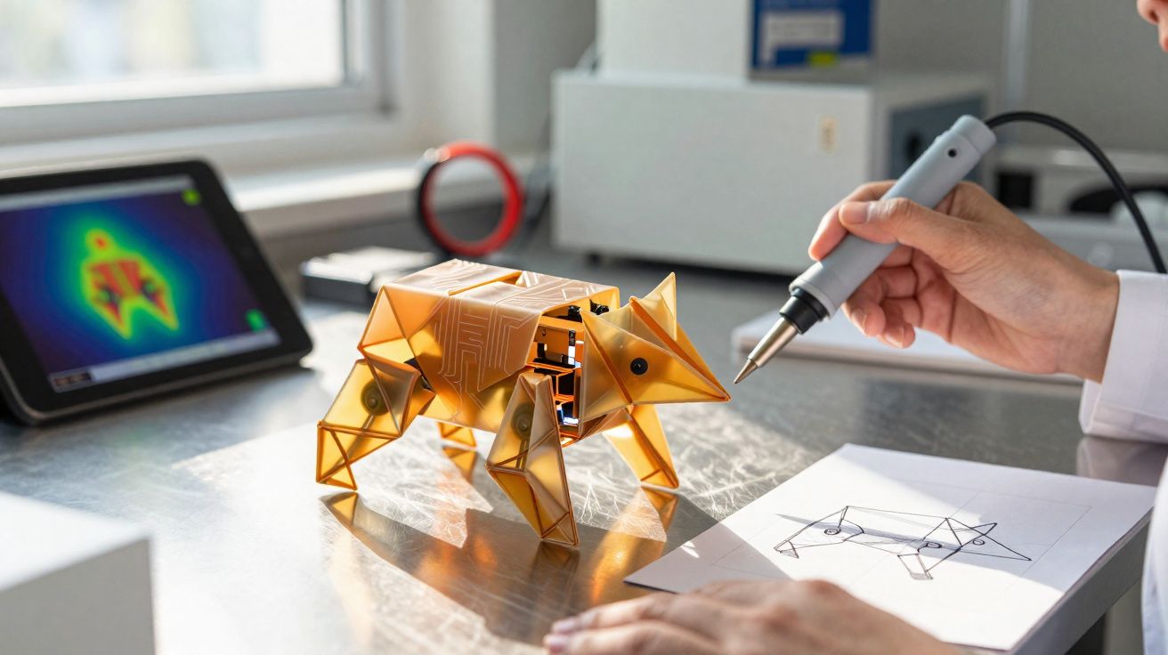 Robô amarelo em formato de animal sendo montado por uma pessoa com ferramenta em bancada.