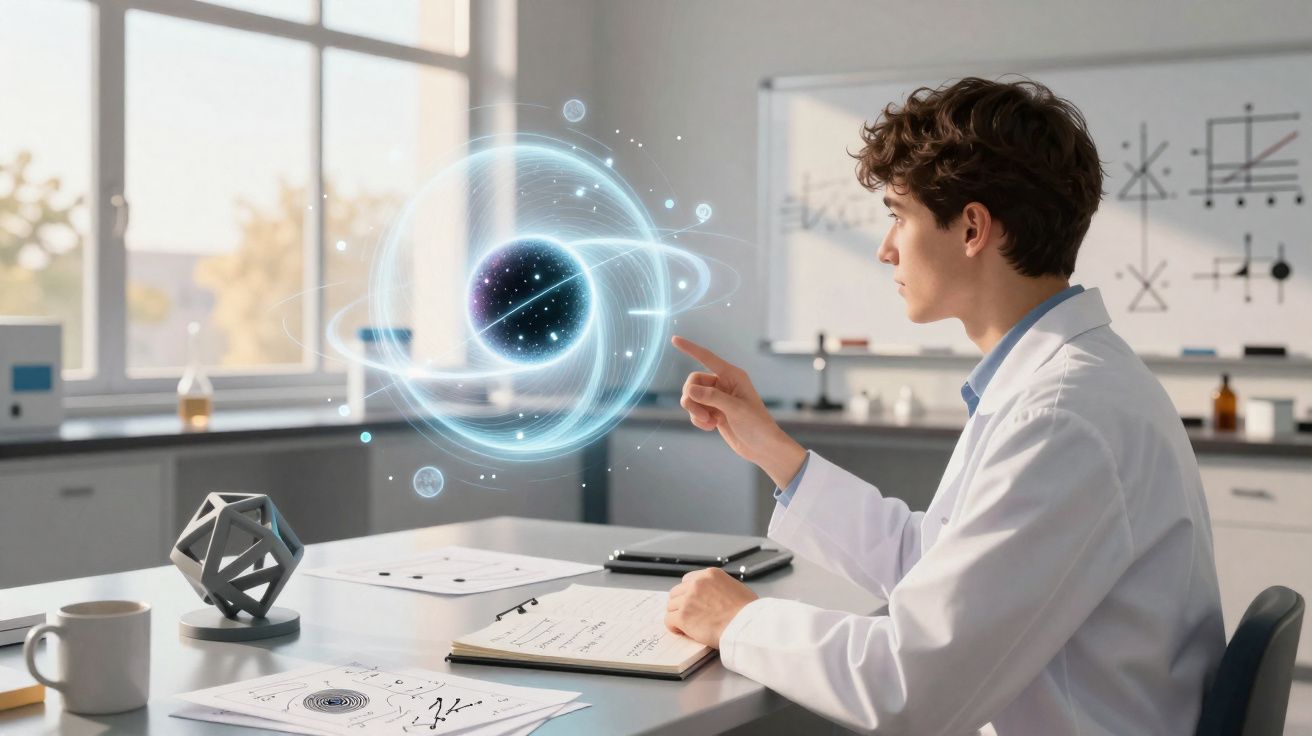 Jovem cientista em laboratório interagindo com simulação holográfica de buraco negro.